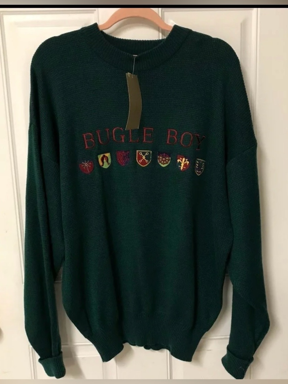NWT XL Bugle Boy Vintage 80s-90s green embroidered coat of arms crewneck sweater